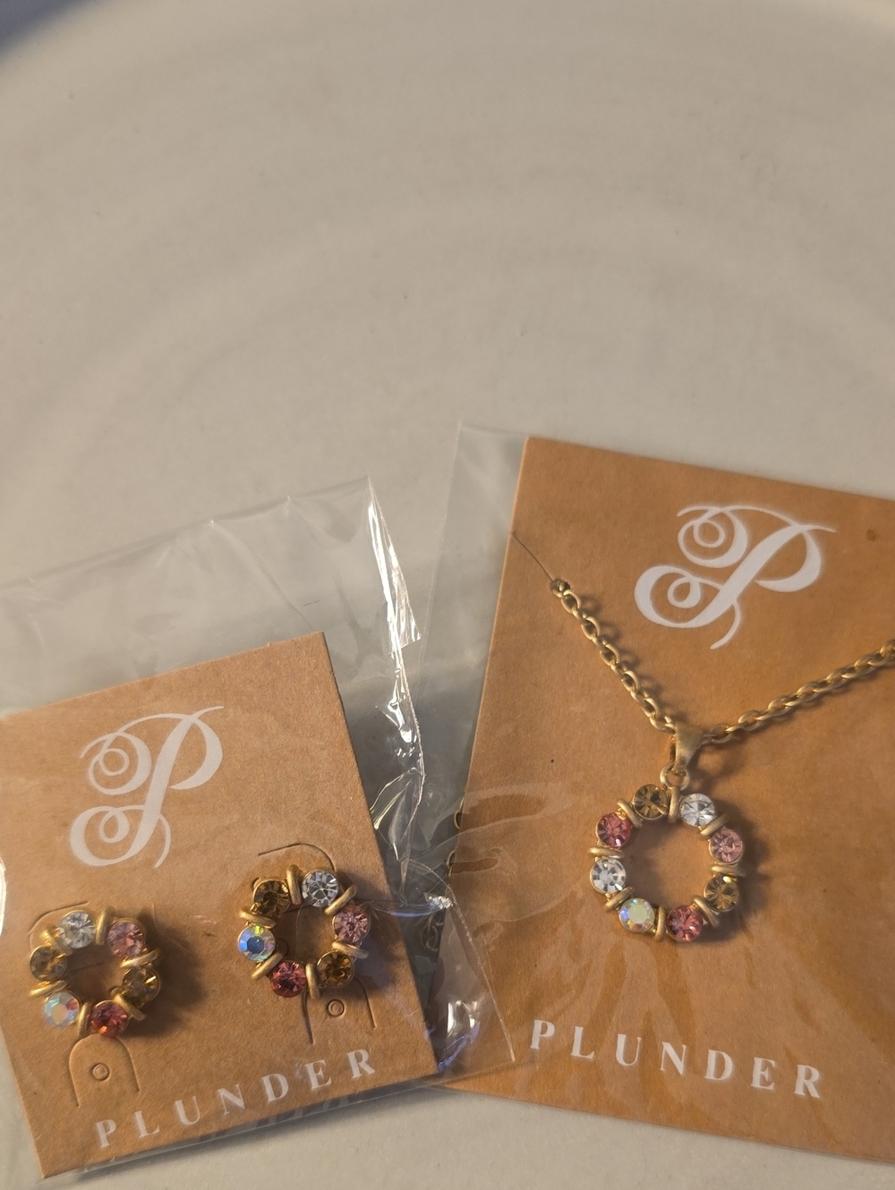 Plunder Gold Multicolor Crystal Wreath Necklace & Earrings Set New